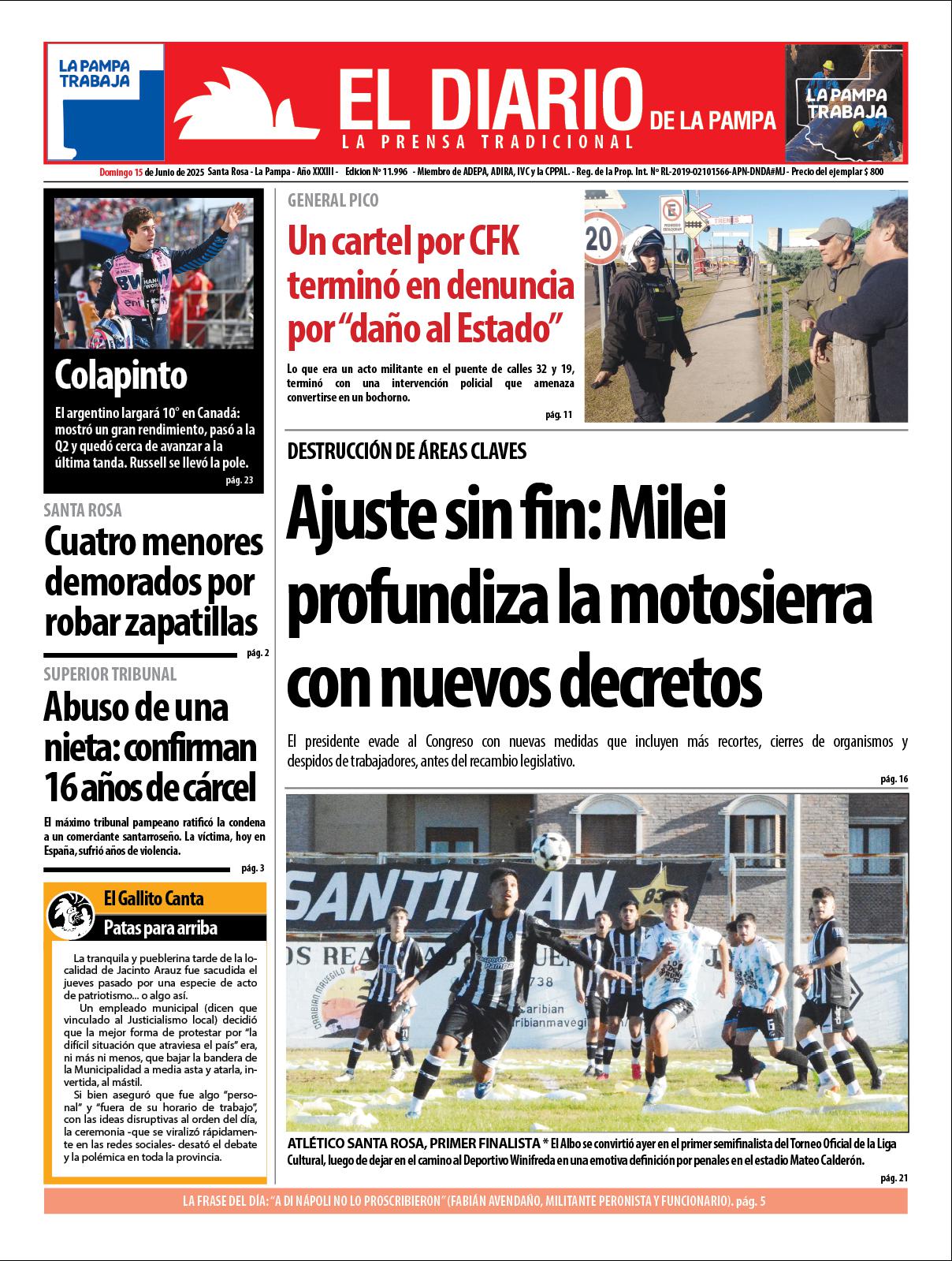 Tapa de El Diario en papel  domingo 15 de junio de 2025